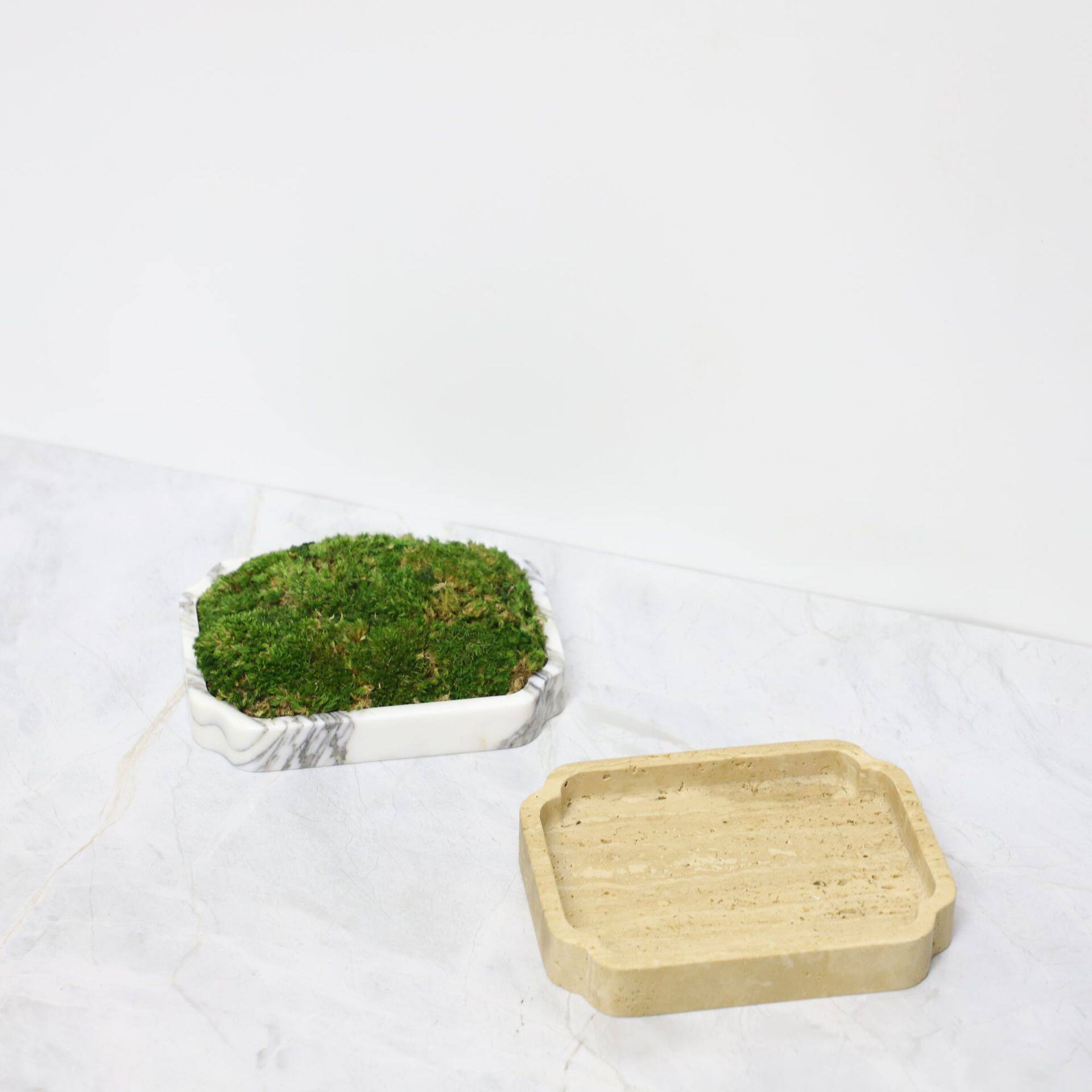 新中式轻奢大理石苔藓盆花器酒店样板间展厅茶几高档果盘装饰摆件