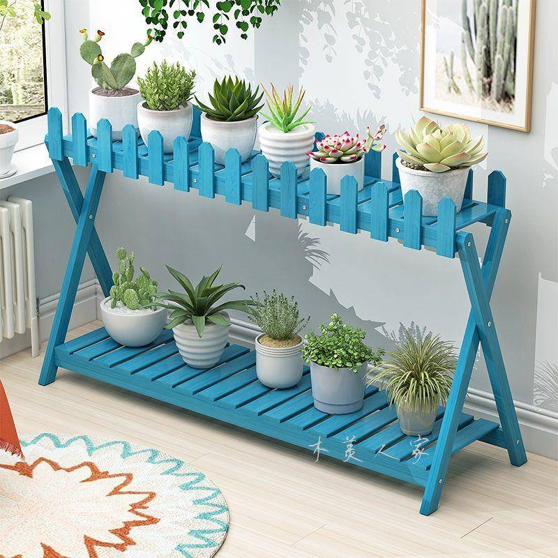 室外花架二层台带栅栏置架OHL可折物叠双阳防腐木移层动架子蓝色