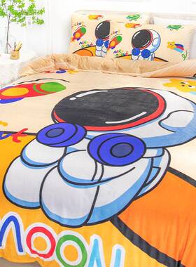 2024款卡通太空人HVZ四件套件水晶绒保新暖三套Q版青小人被套少年