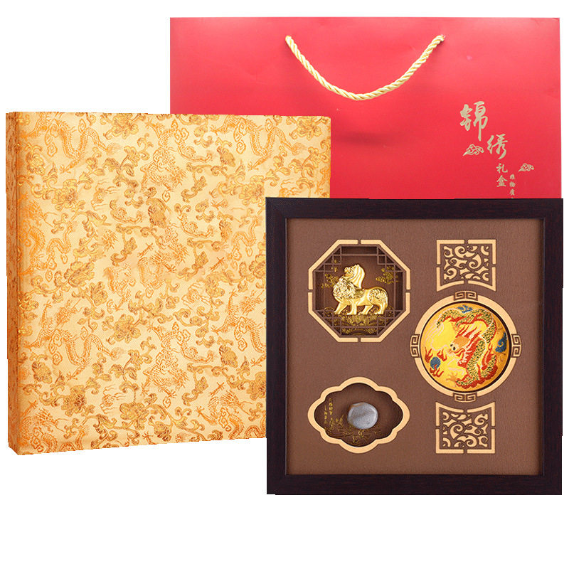 金陵三宝云锦雨花石金箔摆件企业logo锦盒包装南京特产摆件商务礼