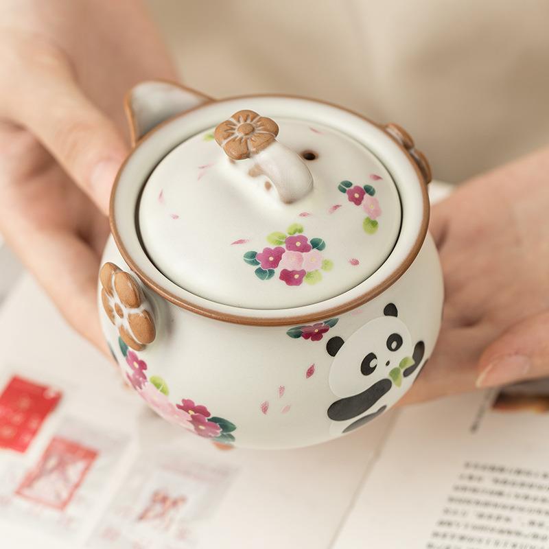 24JS08-0猪熊猫茶壶单壶汝可开片手抓壶中式高窑档家用女士茶具泡