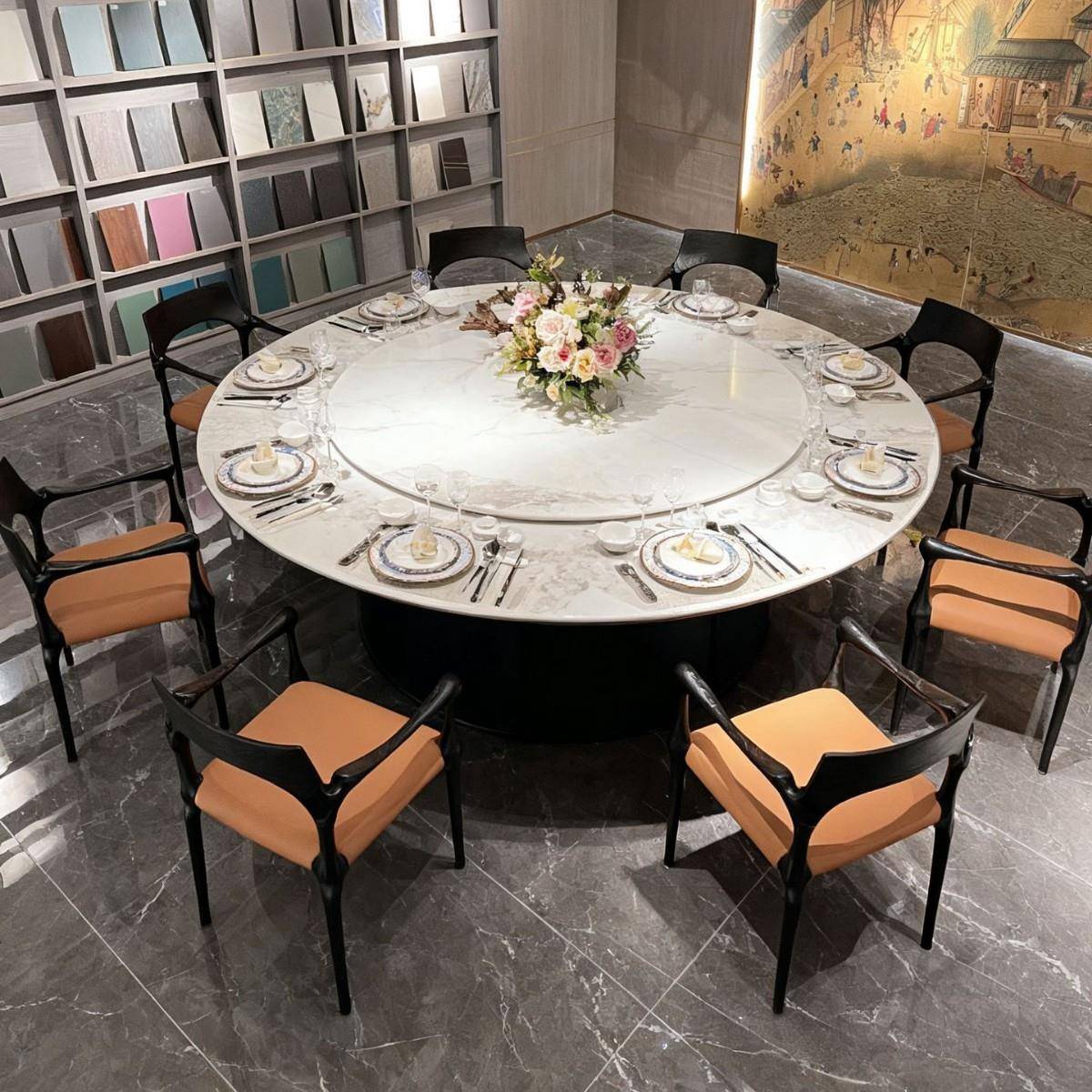 厂价酒楼会餐厅餐椅旋转桌高端中HKY古风宴包厢板电动餐大圆岩桌
