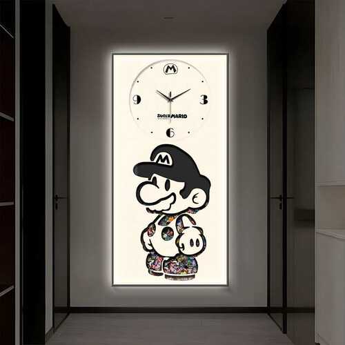 卡通马里奥玄关装饰画钟表挂钟客厅超级玛丽挂画发光创意时钟壁灯