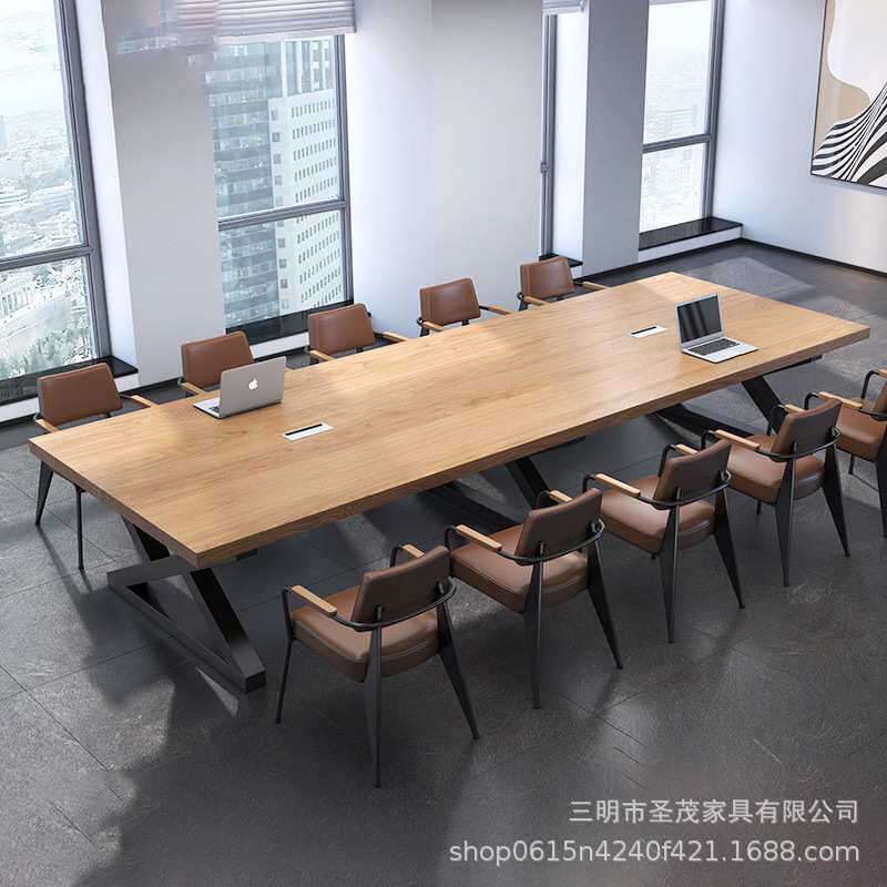 美式实木公司接待会议长桌椅工业风电脑工作长桌子铁艺职员办公桌