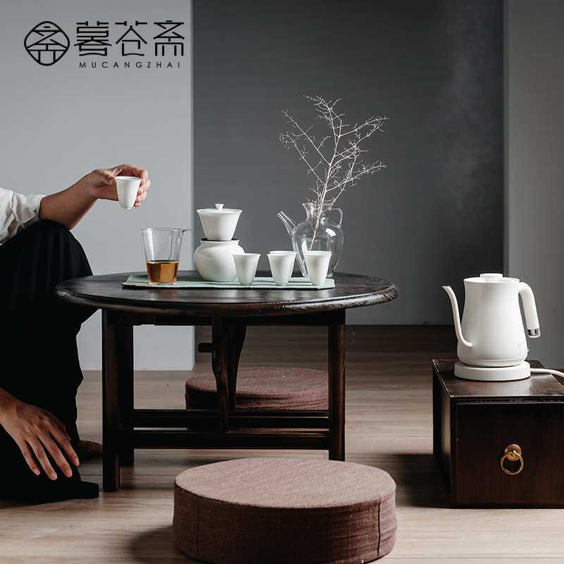 暮苍斋 日式简约老杉木小茶桌茶几柜子坐垫整套功夫茶具白瓷盖碗