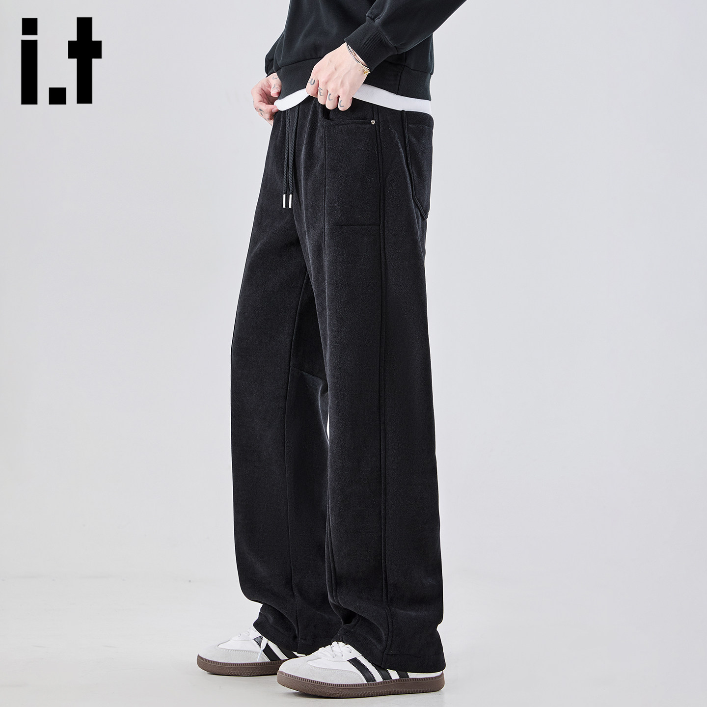 it：fivecm黑色弯刀休闲裤男2026秋冬季宽松垂感加厚阔腿裤直筒裤,男装,休闲裤,淘宝优惠券,粉丝福利购,淘宝优惠卷