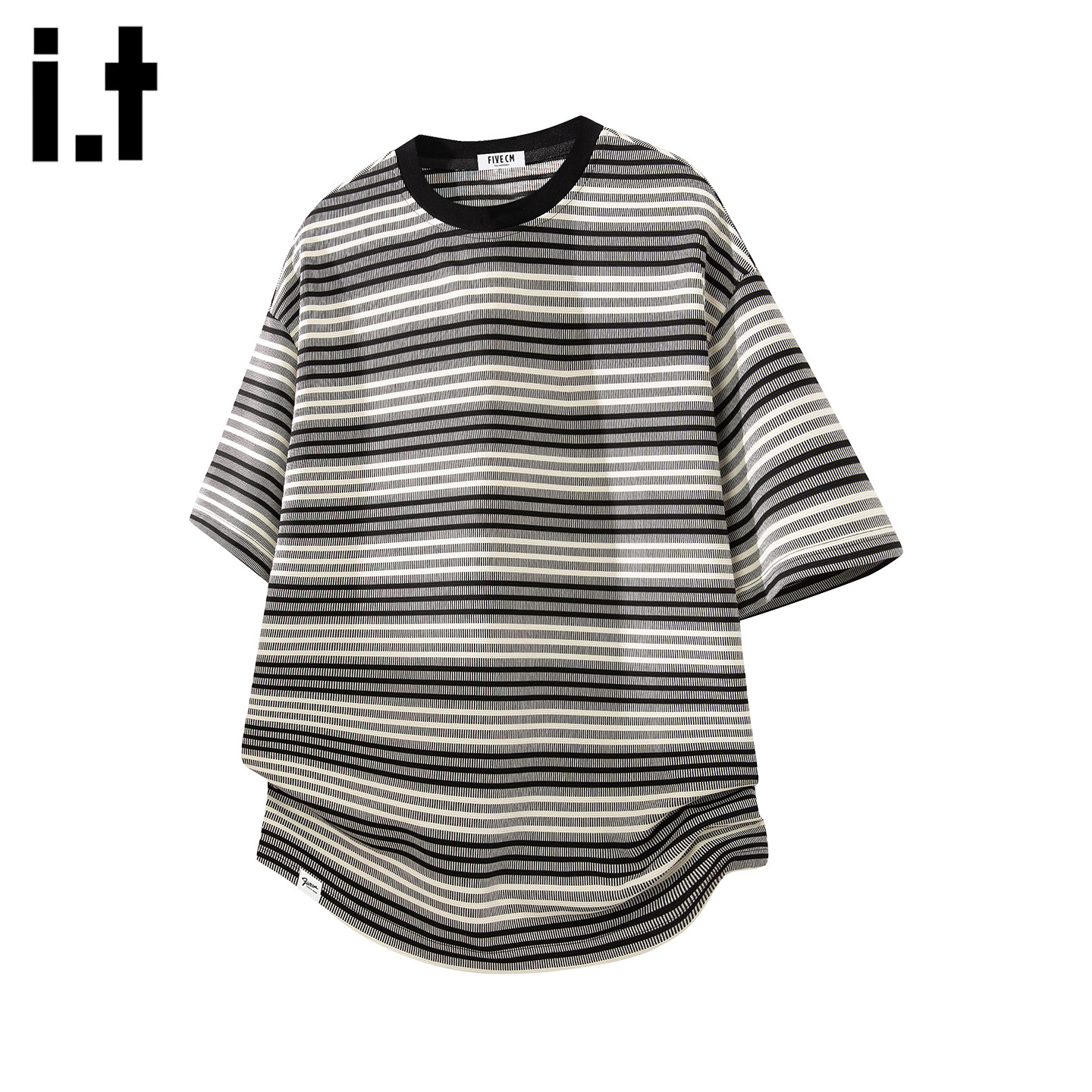 it：fivecm撞色条纹短袖T恤男夏季宽松休闲圆领上衣百搭五分袖男