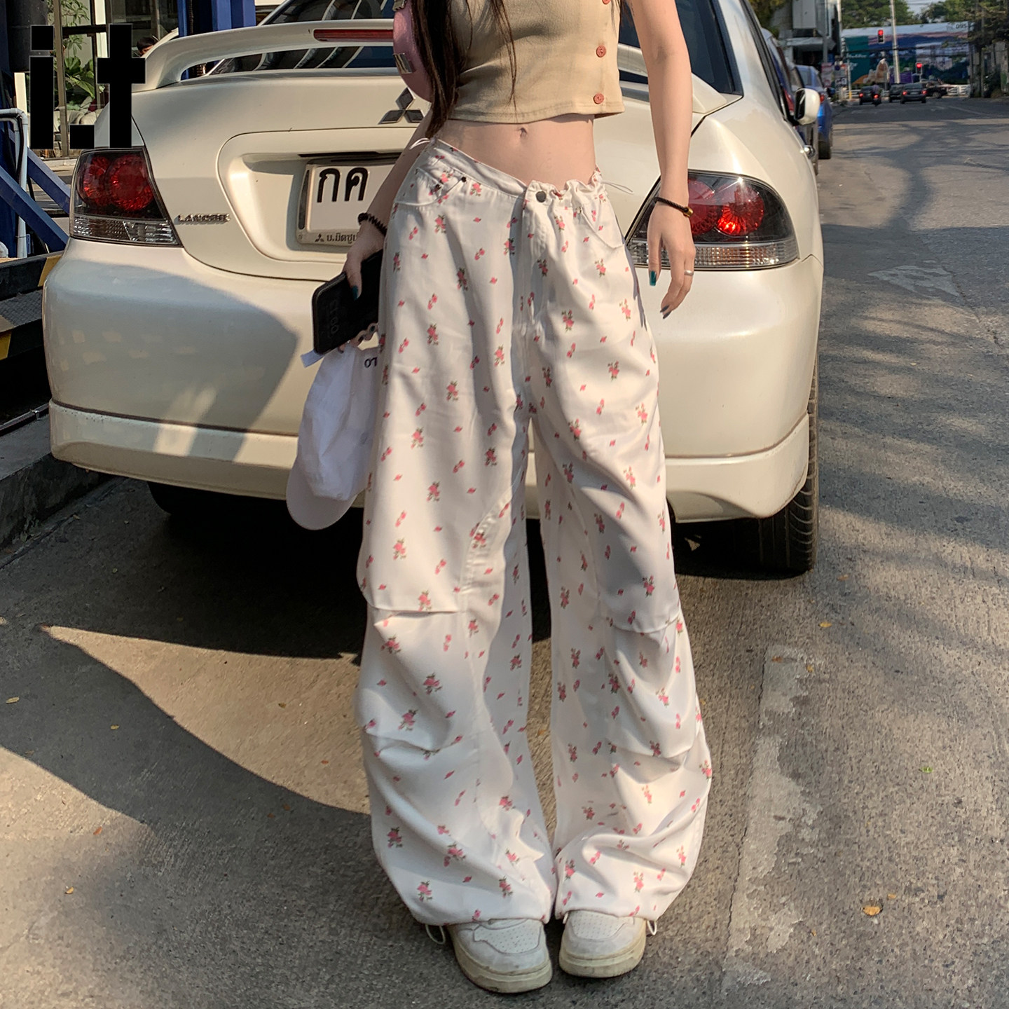 i.tfivecm夏季白色碎花工装裤女