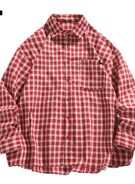 it :5cm/FIVECM红色格子衬衫男士春秋季新款美式高街休闲翻领衬衣