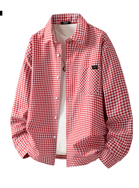 it :5cm/FIVECM红色格子翻领长袖衬衫男士2025秋宽松休闲通勤衬衣