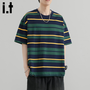 it：fivecm日系复古宽松落肩cityboy重磅条纹洗水廓形短袖 T恤男款