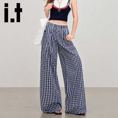 it5cm藏青格高腰阔腿裤女夏薄款