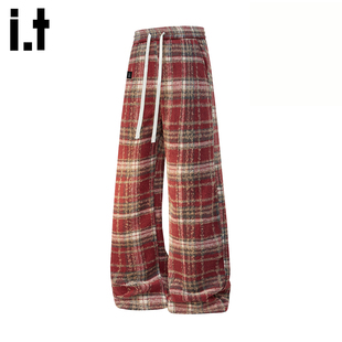 格纹宽松直筒长裤 男女2026春秋季 FIVECM红色格子休闲裤 子 5cm