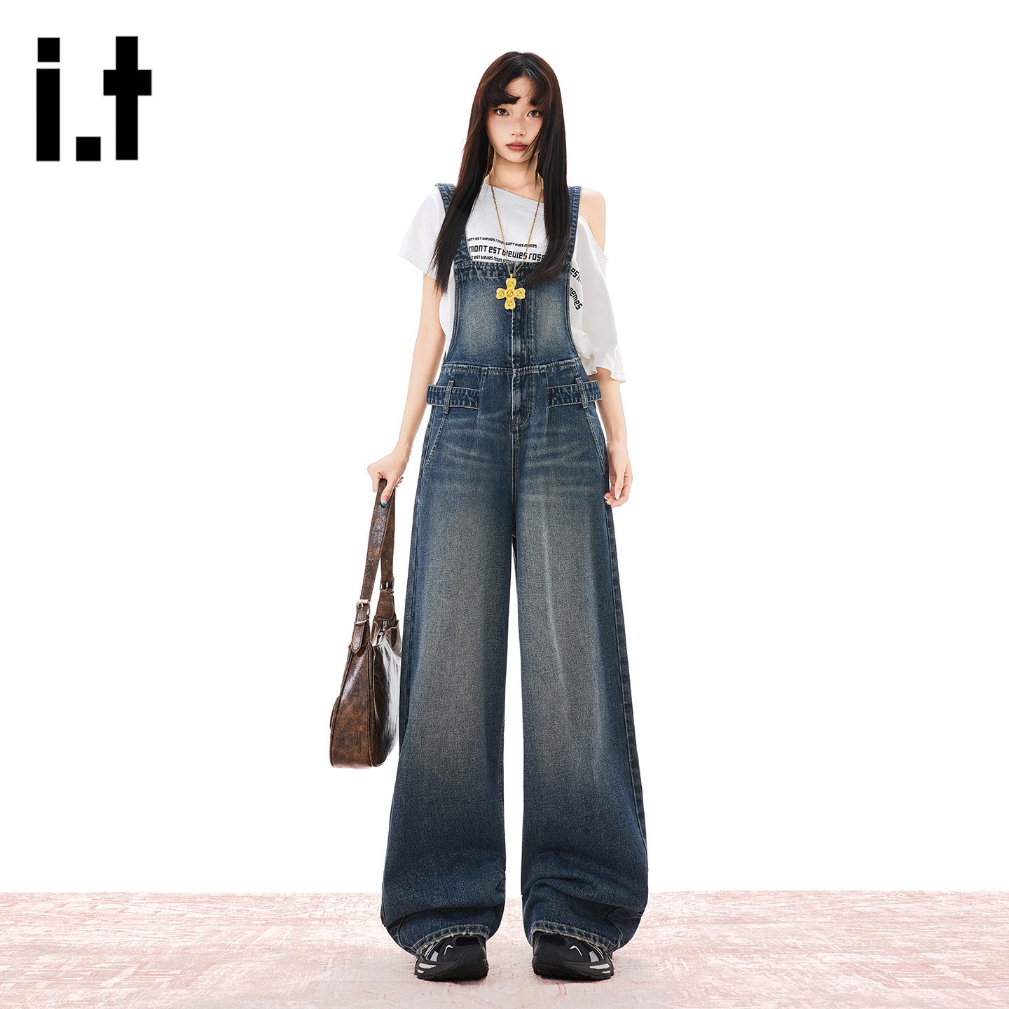 it FIVECM美式复古水洗牛仔背带裤女时尚百搭阔腿连体裤慵懒显瘦