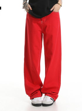 it :5cm/FIVECM美式高街复古红色牛仔裤男女秋时尚宽松直筒裤长裤