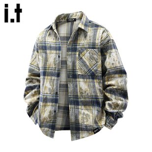 it：fivecm美式扎染格子衬衫男春季痞帅cleanfit衬衣长袖开衫外套