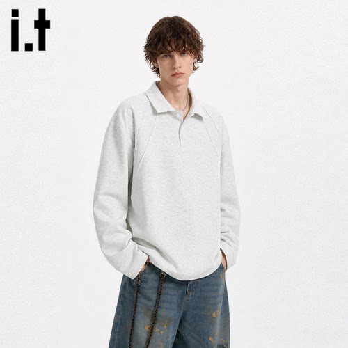 it:5cm秋季纯色长袖Polo衫男2026新款宽松休闲百搭翻领两粒扣上衣