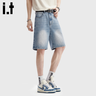 直筒阔腿休闲水洗五分中裤 it：fivecm日系复古牛仔短裤 男宽松夏季
