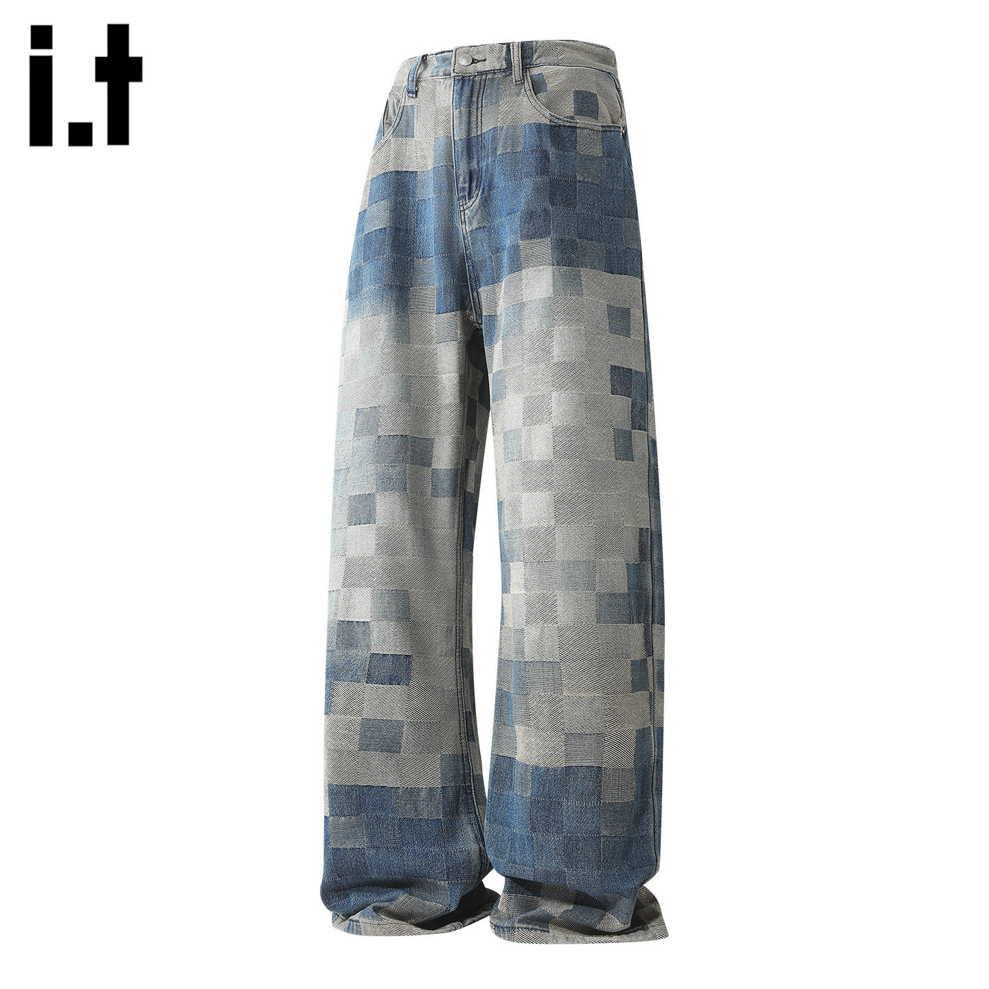 it :5cm/FIVECM马赛克格子阔腿牛仔裤男士2026春秋季宽松直筒长裤