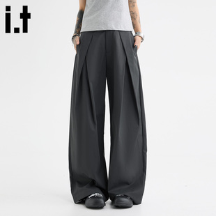 5cm 男女2026春秋宽松阔腿长裤 FIVECM灰色西裤 裤 交叉褶皱西装