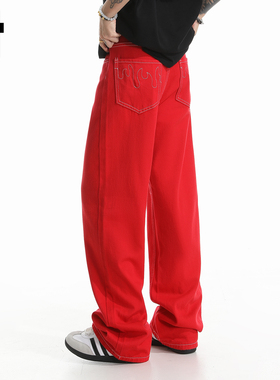 it :5cm/FIVECM马年红红火火红色牛仔裤男女秋时尚宽松直筒裤长裤