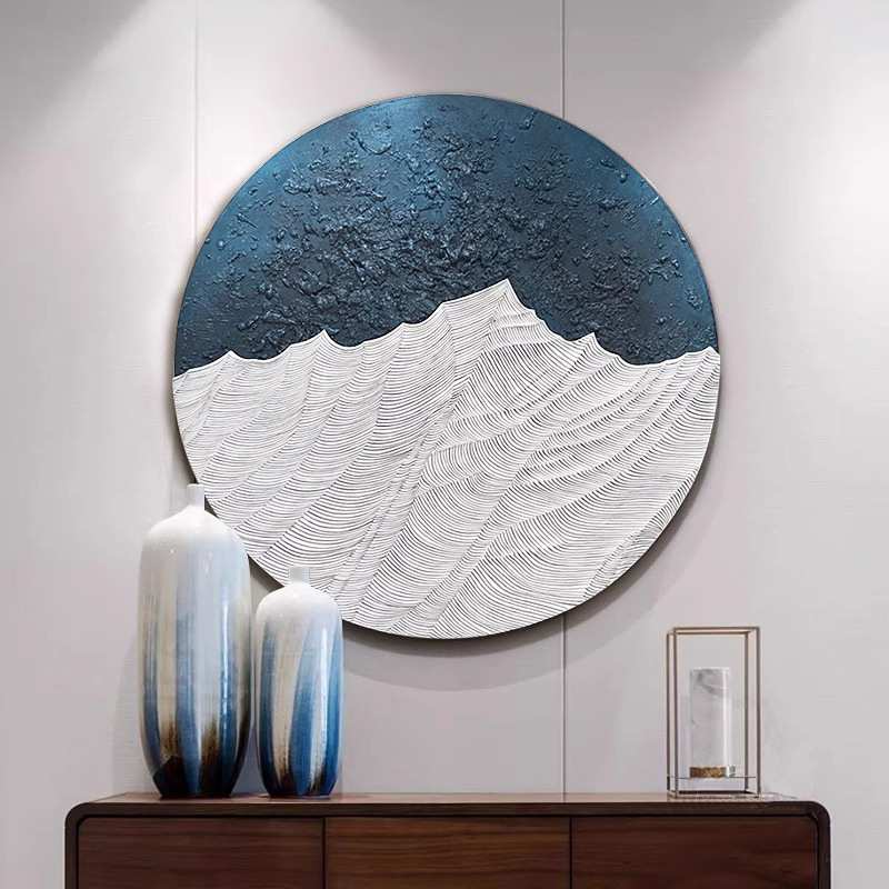 新中式立体玄关装饰画圆形无框画手绘肌理挂画现代简约感壁画