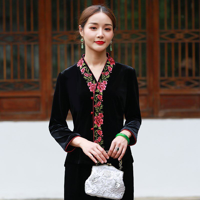 韩国绒唐装女士春秋新款改良日常大码妈妈中式中国风绣花旗袍上衣