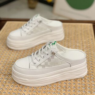 镂空网面内增高7CM无后跟小白鞋 真皮包头半拖鞋 女外穿2024夏新款