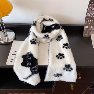 猫爪印黑白双面仿貂毛保暖围巾女生可爱冬韩系氛围感百搭防寒围脖