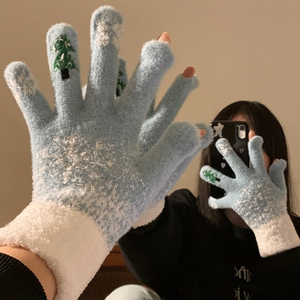可爱雪花圣诞节露指触屏毛绒针织五指手套女冬季保暖加绒加厚防寒