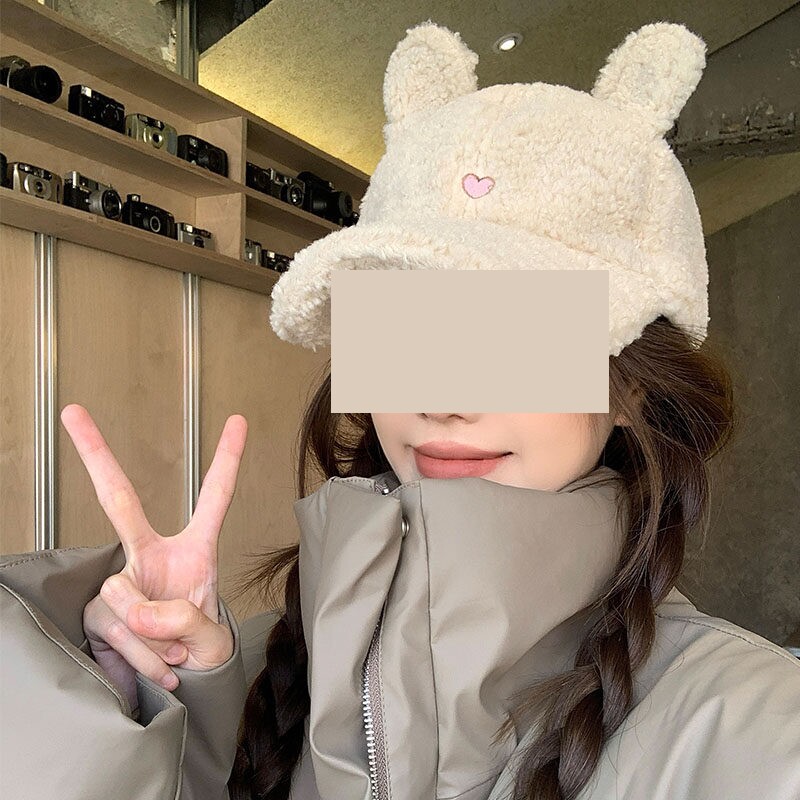 甜美可爱兔耳朵棒球帽子女秋冬羊羔毛绒加厚保暖百搭显脸小鸭舌帽