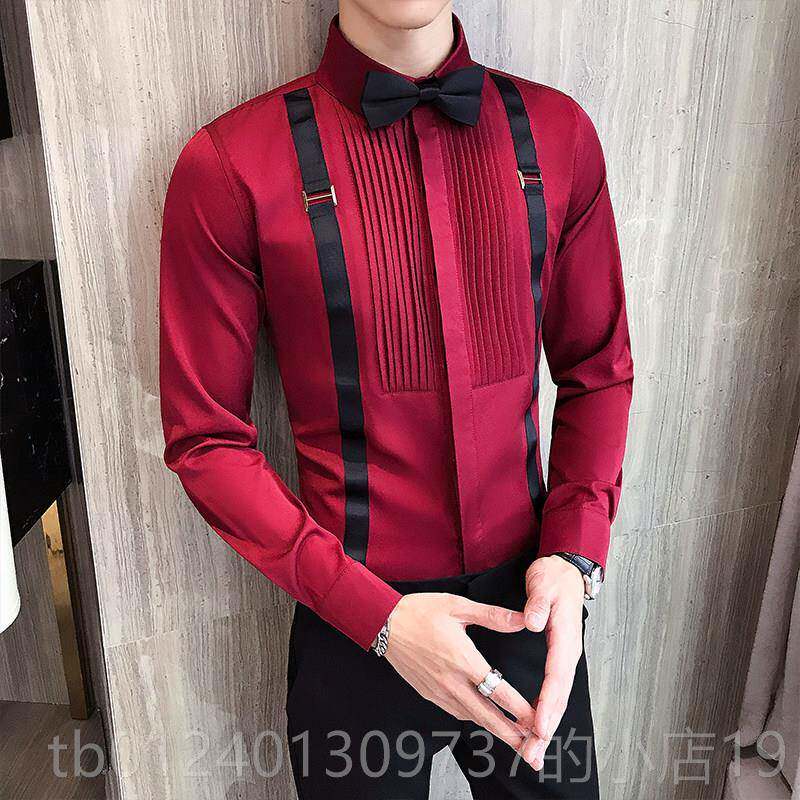 高档背带饰长袖衬装衫男女衬衣生酒吧KTV会所服务员工作服装免烫