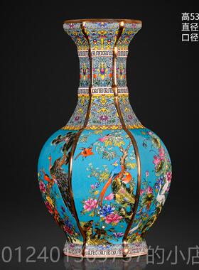 高档景德镇陶仿瓷古珐架琅彩蓝色大号插花新中式客厅摆博古装饰工