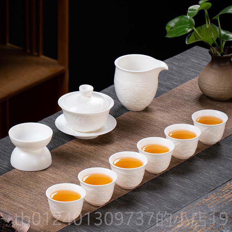 高档叶云凤山大师纯羊脂白玉高端素烧夫茶具套装浮雕功水盖碗礼盒