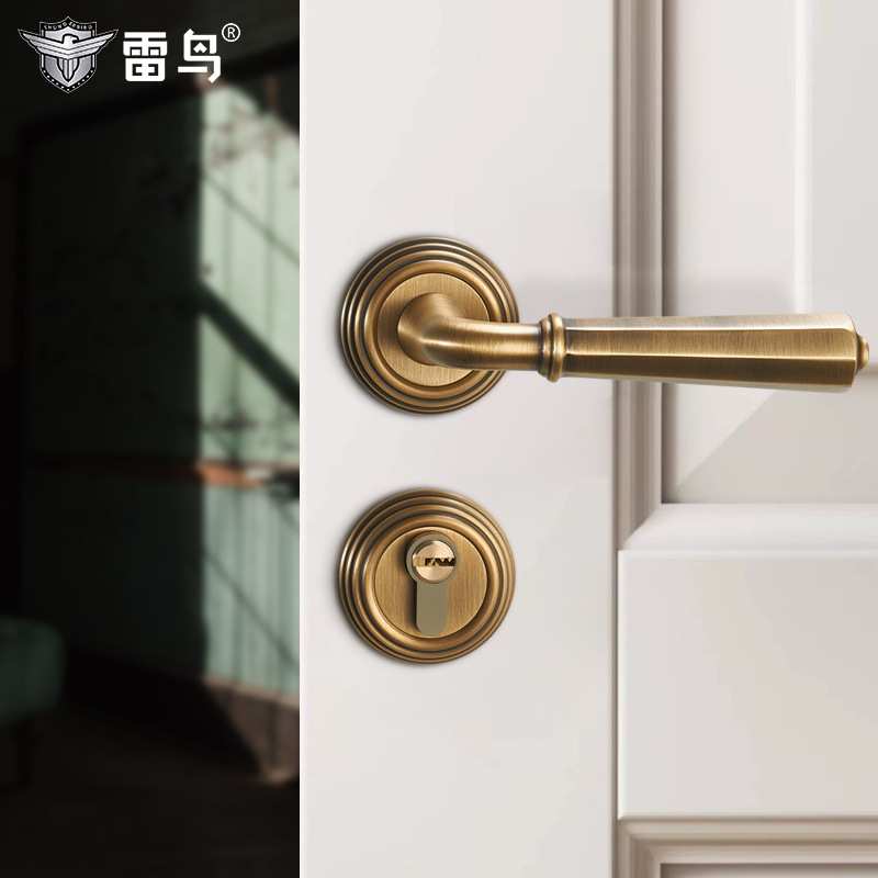 雷鸟卧室房门锁黄古铜色欧式门锁室内静音复古房间分体门锁具套餐