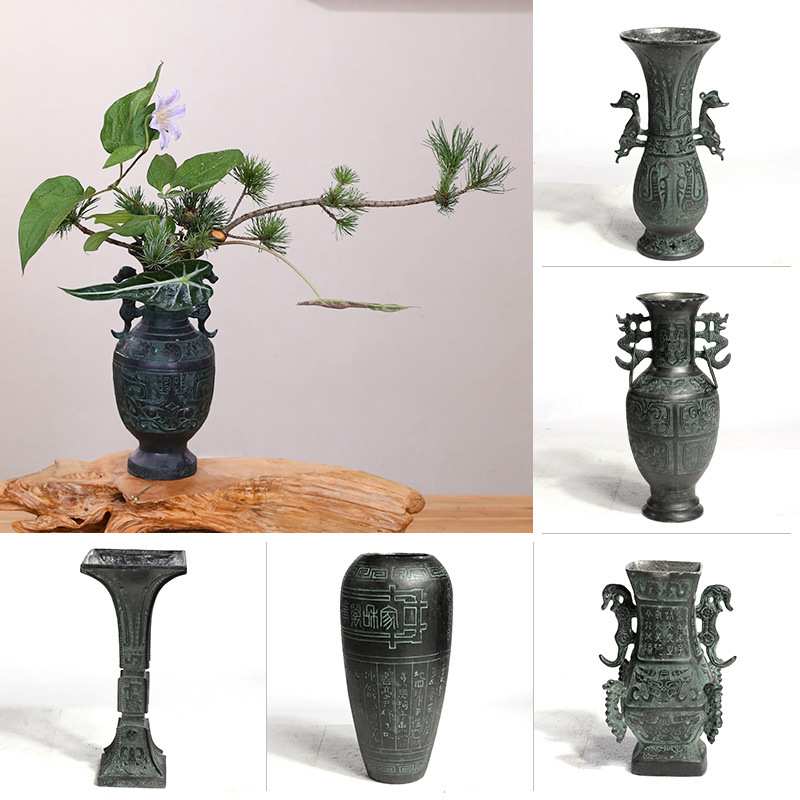 禅意仿古轻奢青铜器大花瓶花器花艺摆件客厅插花桌面日式小原流器