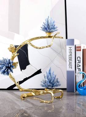 奢件W0249蓝色天然石鸟轻语饰花香摆金属新中式客厅电视柜家居软