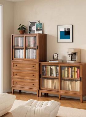 MPW全实木矮书美柜落地厅靠柜储物柜一体墙式带玻璃推拉门实木客