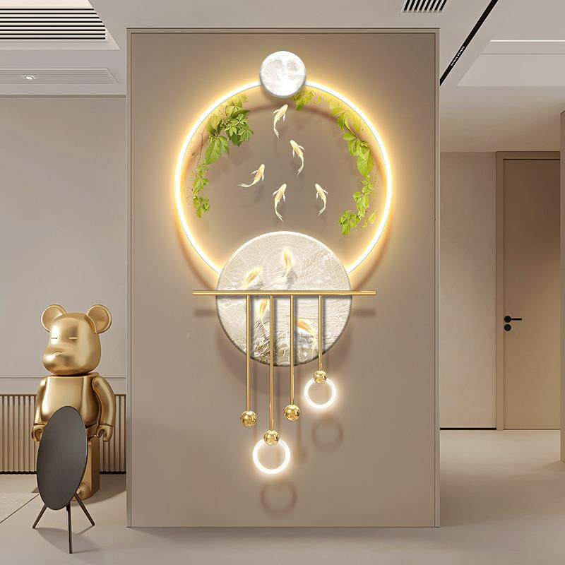 九光鱼图入户门玄关JX230928装饰画奶风发竹子油壁画绿植走廊过道