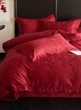 现代轻奢风全棉提花结婚庆PZ1320棉四件大红色1套00S纯高端被套床