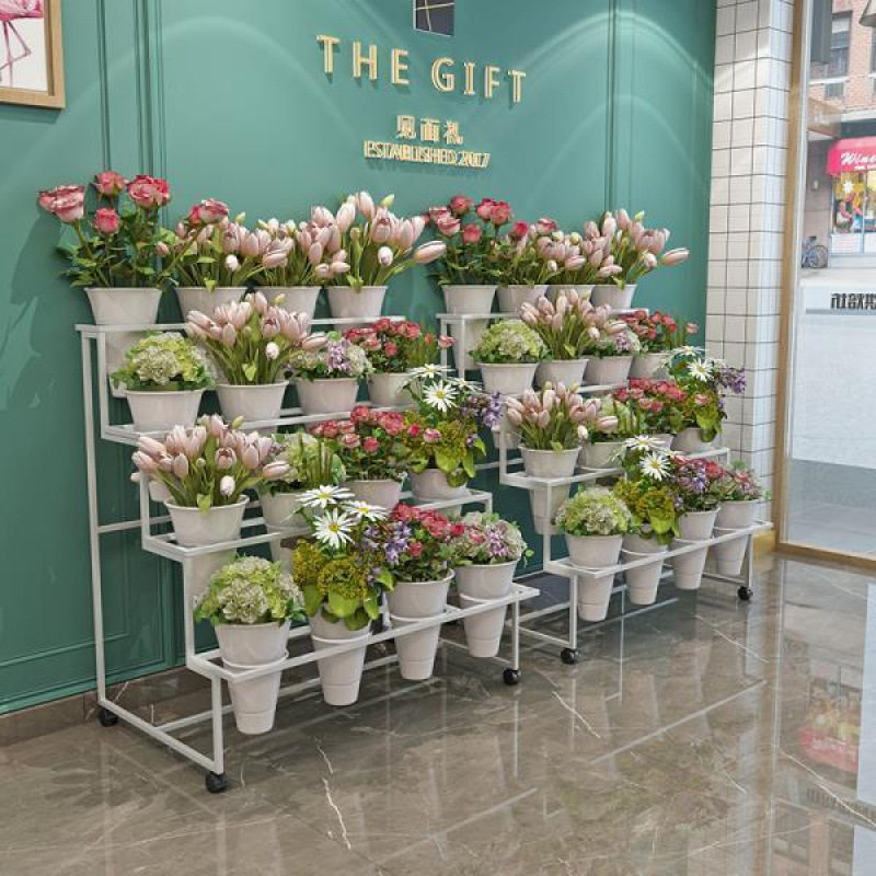 花店鲜花展示架多层阶梯花架摆花带万向轮铁艺架子养花桶塑料花架