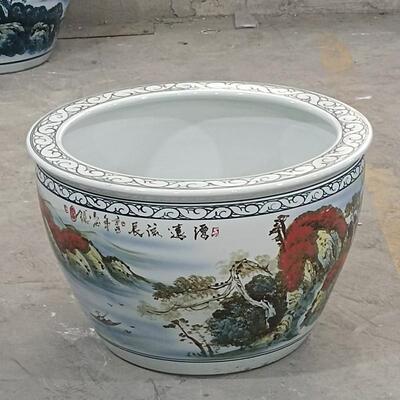 陶瓷装饰品鱼缸摆源件手绘五彩山ABN水大远流大号园长林装饰缸花