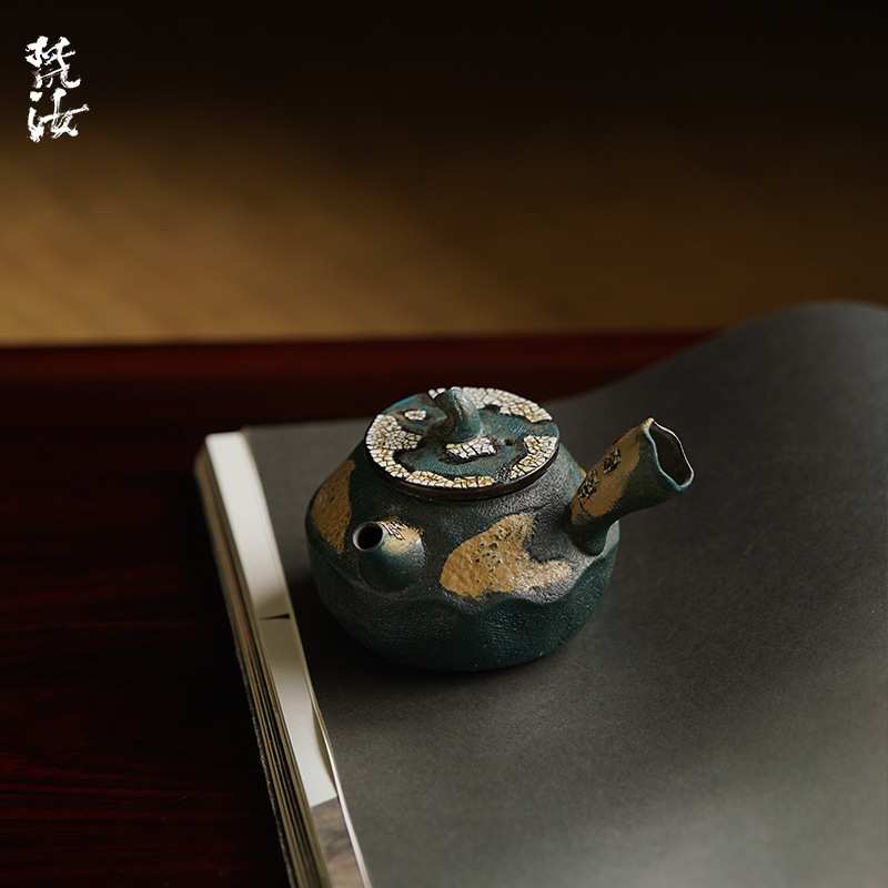 梵汝侘寂幽绿植物大漆拓片侧把壶仿古文人雅玩防烫禅意泡茶壶单壶