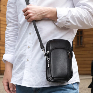 男士高端真皮肩带多隔层小挎包迷你手机包头层牛皮竖款单肩斜挎包
