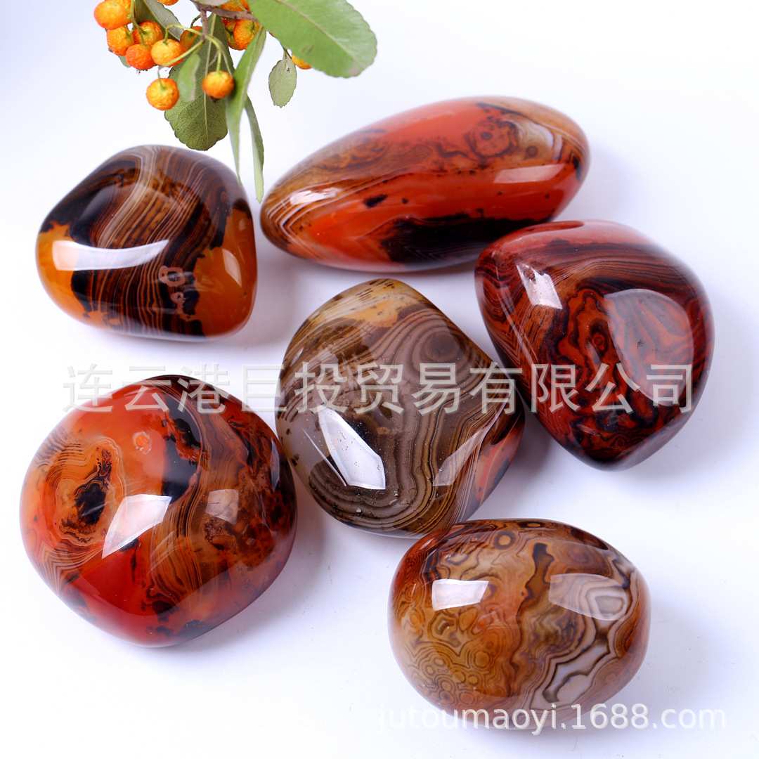 现货供应天然缠丝玛瑙烤色原石摆件玛瑙把件手把玩椭圆形裸石滚石