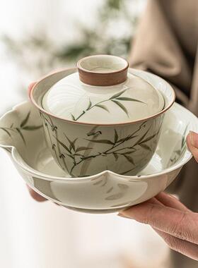 绿文竹23JS12-5二才盖茶杯家高档防烫功翠夫茶具陶碗瓷泡茶用茶碗