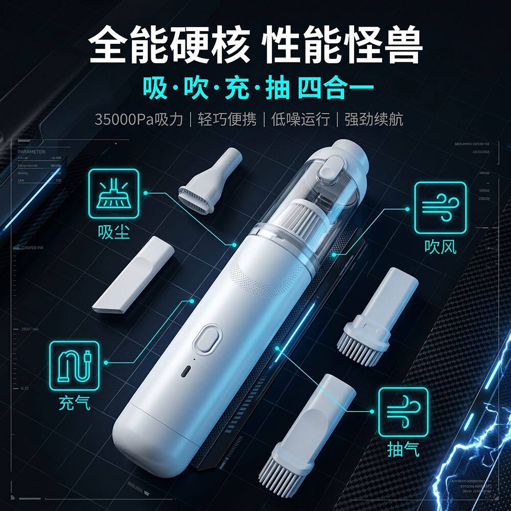 车用大吸力手持式无线吸尘器车载吹风机汽车充气泵抽气泵一体机