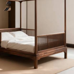 ?北美黑胡桃木古典工拔四步卧室新中式 床仿古千原木架子床395榫卯