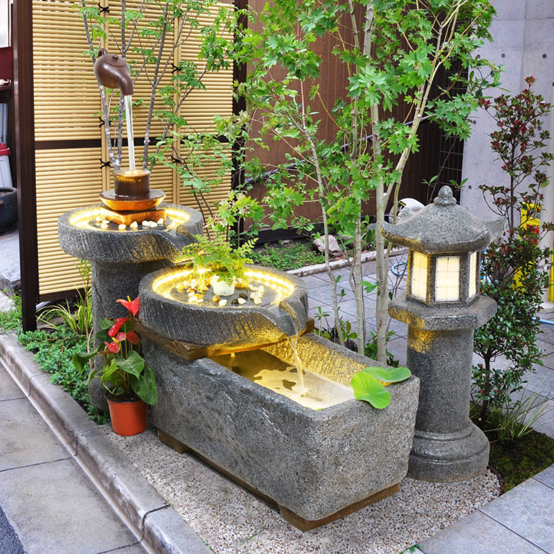 田园石磨景观假山流水喷泉招财花园鱼池循环水景庭院造景树脂摆件