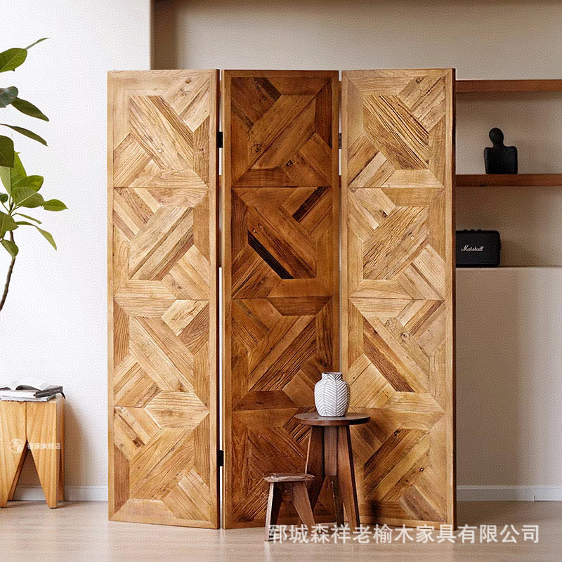 老榆木拼花屏风玄关隔断墙现代简约家用客厅卧室折叠移动屏风